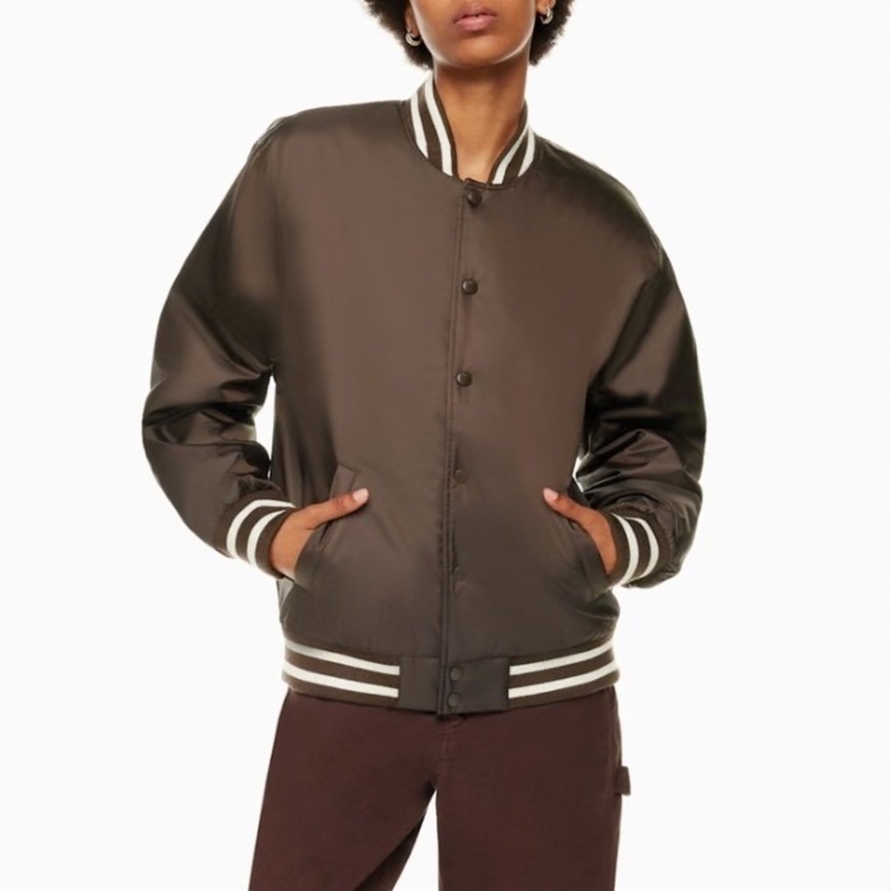 Tna Aritzia Stadium Jacket Brown Satin Varsity Bomber Striped Trim Women XL